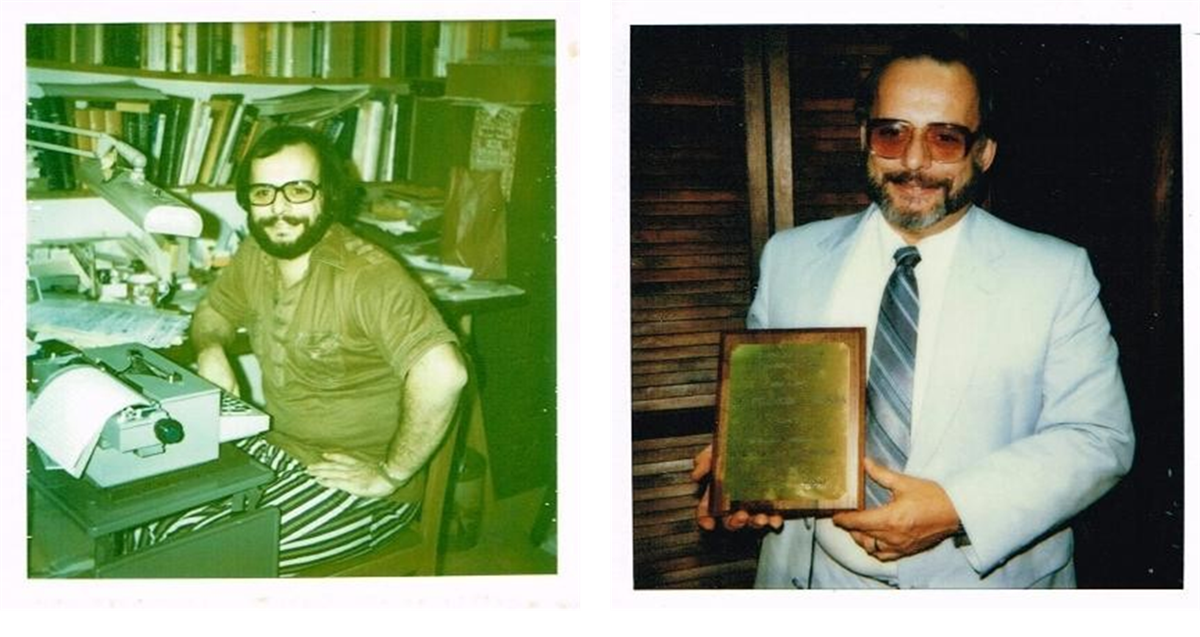 2 picture.one shows man sitting in office with books. the other photo shows man accepting an award.